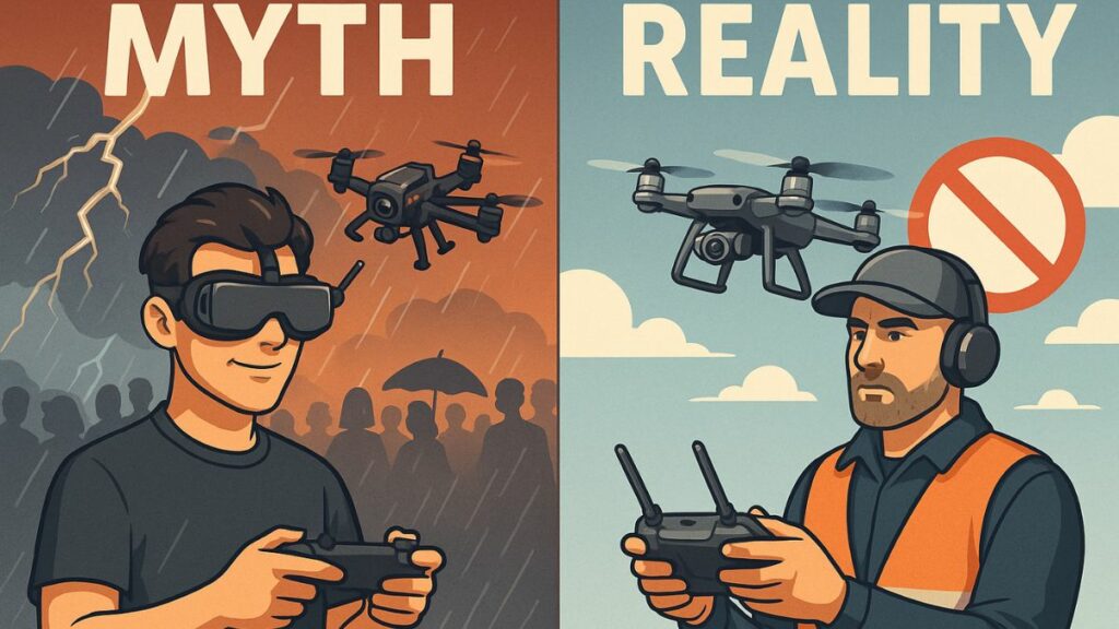 Illustration comparative entre les idées reçues sur les drones et la réalité professionnelle du pilotage.