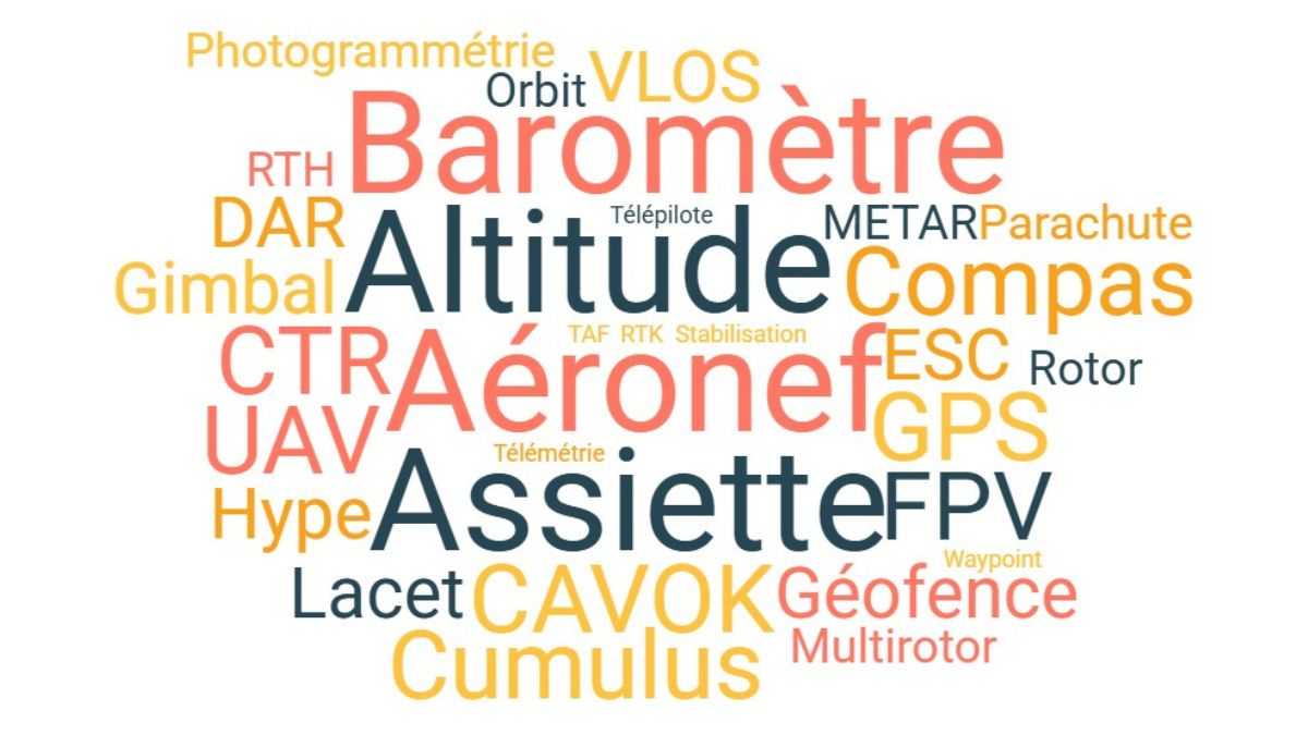 Nuage de mots regroupant les principaux termes techniques utilisés par les télépilotes de drones, incluant météo, réglementation, navigation et équipements